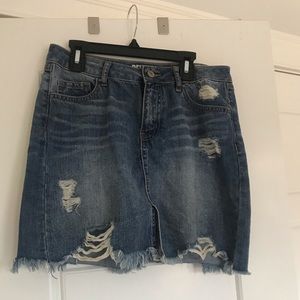 Denim Mini Skirt, Distressed Light / Medium Wash